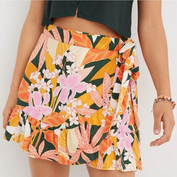 Aerie Women’s M Floral Linen Blend Wrap Mini Skirt Tropical Ruffle Hem Tie Waist - Picture 1 of 9